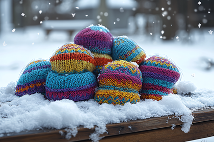 Colorful Knitted Hats in Snow