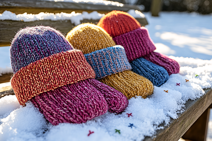 Colorful Knitted Hats on Snowy Bench