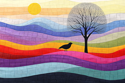 Colorful Landscape with Tree and Bird