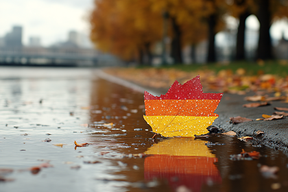 Colorful Maple Leaf in Autumn Puddle
