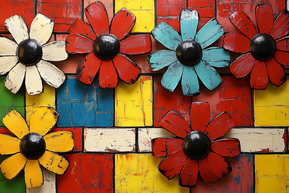 Colorful Metal Flowers on Brick Wall