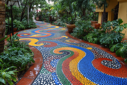Colorful Mosaic Pathway in a Tropical Garden