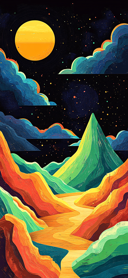 Colorful Mountain Valley Under Moonlight