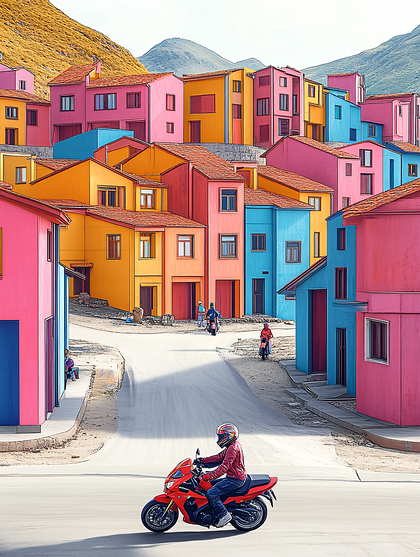 Colorful Mountainside Village Street Scene