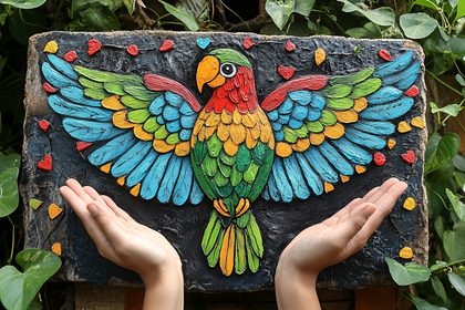 Colorful Parrot Art Piece Held In Hands