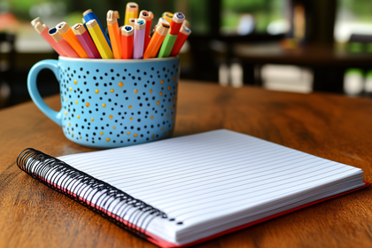 Colorful Pencils and Notebook on Wooden Table