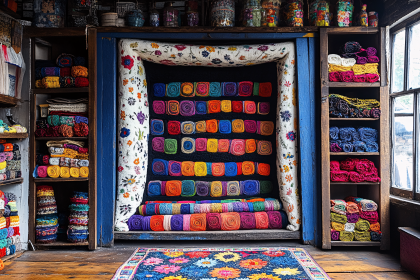 Colorful Rolled Textiles Displayed In Wooden Shelves