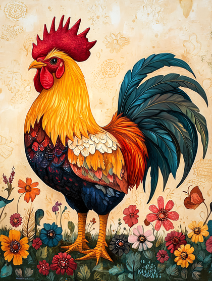 Colorful Rooster In Floral Field