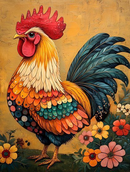 Colorful Rooster in Floral Garden