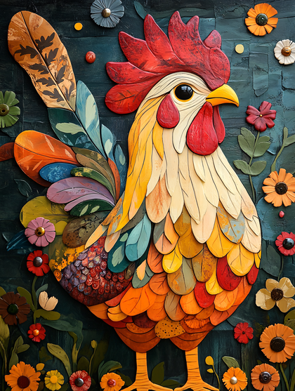 Colorful Rooster with Floral Border