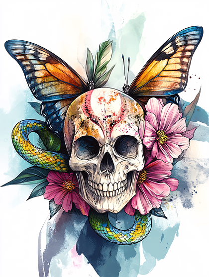 Colorful Skull With Butterflies And Snake