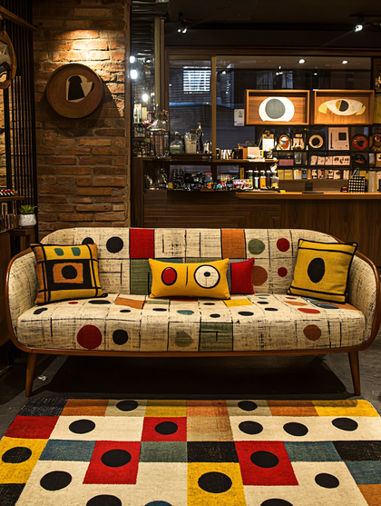 Colorful Sofa and Rug with Geometric Patterns