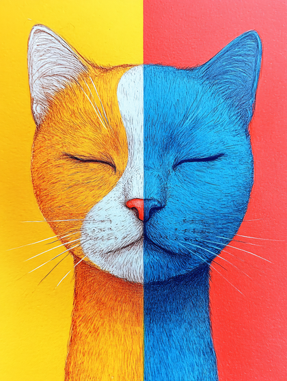 Colorful Split Face Cat Portrait