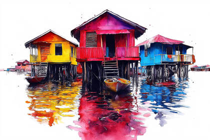Free Download Watercolor Painting of Colorful Stilt Houses Over Water