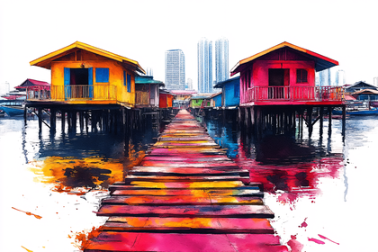 Colorful Stilt Houses Watercolor