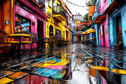 Colorful Street Scene After Rain