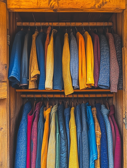 Colorful Sweaters Hanging in Wooden Closet