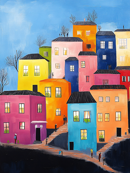 Colorful Town Scene At Dusk