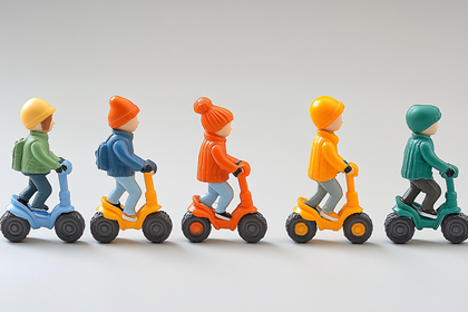 Colorful Toy Figures Riding Scooters in a Row