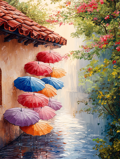 Colorful Umbrellas on a Rainy Day