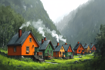 Colorful Village in Misty Mountains