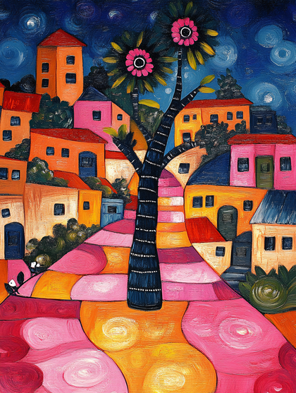 Colorful Village Night Scene