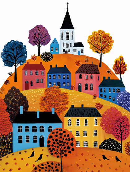 Colorful Village Scene with Houses and Trees