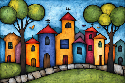 Colorful Village Scene with Trees and Birds
