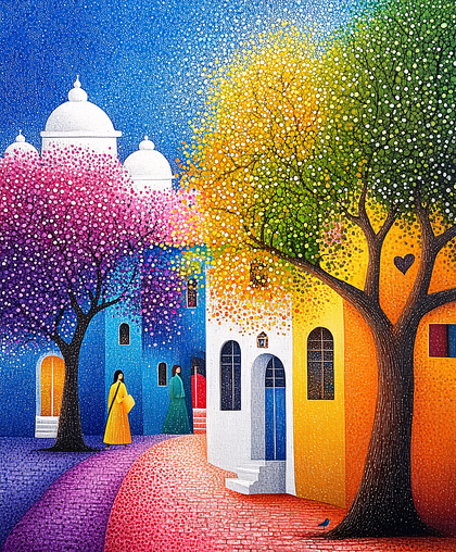 Colorful Village Scene With Trees