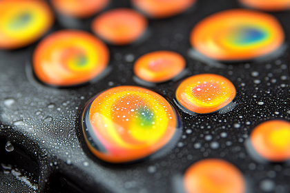 Colorful Water Droplets on Dark Surface