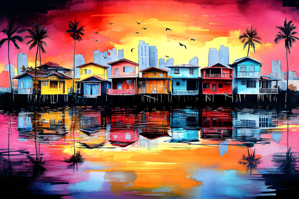 Colorful Waterfront Houses at Sunset