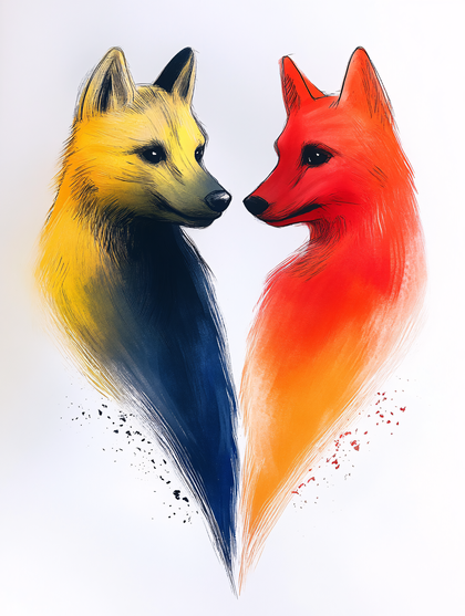 Colorful Wolves Facing Each Other