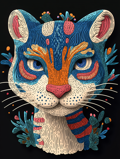 Colorful Woodcut Style Cat Portrait