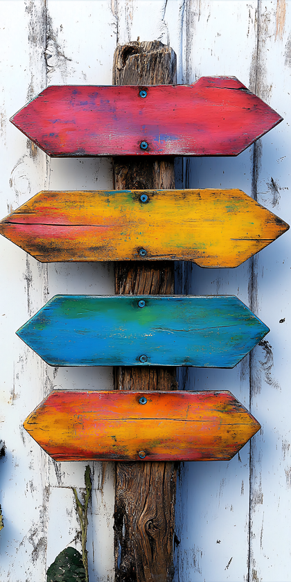 Vibrant Wooden Directional Signs Against White Wood