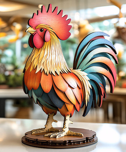 Colorful Wooden Rooster Sculpture
