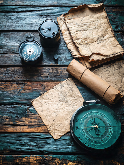 Compasses And Maps On Wooden Table