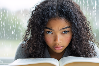 Concentrated Student Reading on a Rainy Day