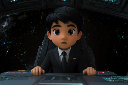 Concerned Boy Pilot in Spaceship Cockpit
