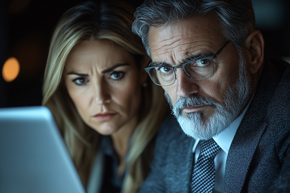 Concerned Business Professionals Looking At Laptop