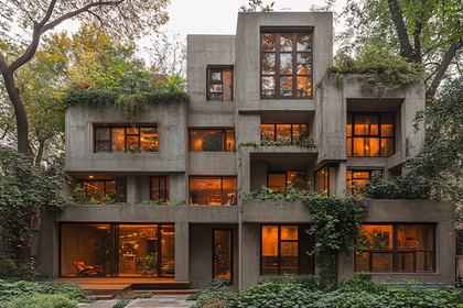 Concrete Brutalist Building with Lush Greenery