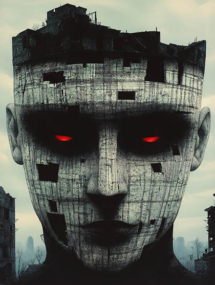 Concrete Giant Head with Red Eyes