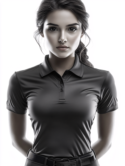 Confident Woman In Gray Polo Shirt