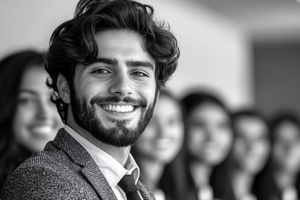 Confident Young Man Smiling with Team in Background