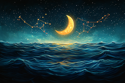 Constellations And Moon Over Ocean