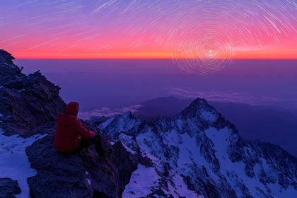 Contemplation on Mountain Peak at Starry Dawn