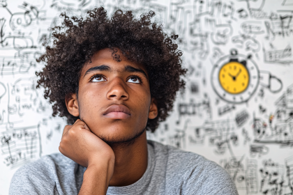 Contemplative Boy with Curly Hair Looking Up