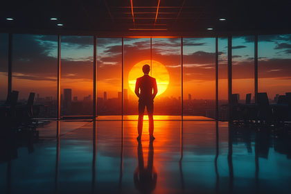 Contemplative Businessman Overlooking Sunset Cityscape