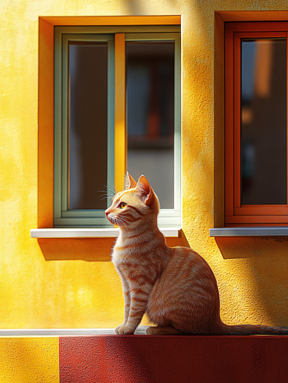 Contemplative Cat by Yellow Wall