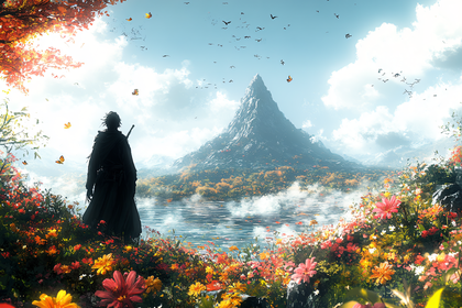Contemplative Figure Gazing at Majestic Mountain Landscape