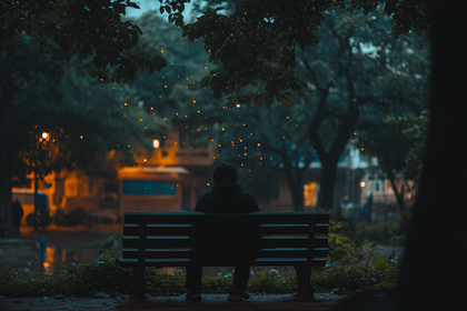Contemplative Figure on Park Bench in Rain